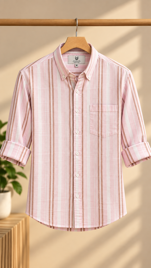 Men’s Pink, White & Brown Striped 100% Cotton Casual Shirt | Regular Fit