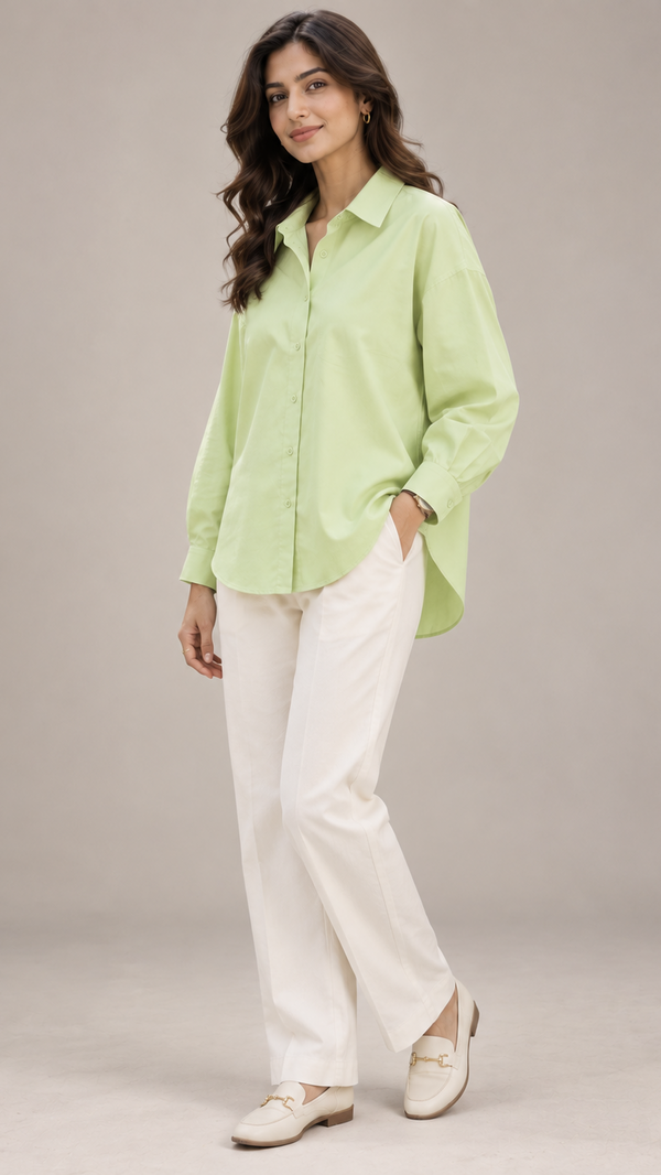 Women’s Pista Green Linen Drop Shoulder Shirt
