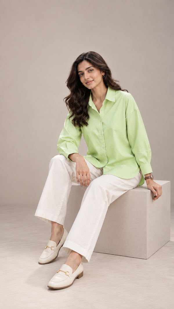 Women’s Pista Green Linen Drop Shoulder Shirt