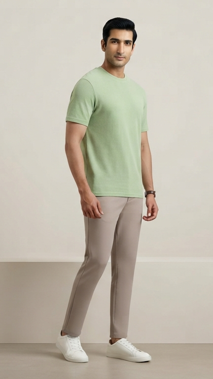 Men’s Solid Pista Green Cotton Lycra Stretch T-Shirt | Regular Fit