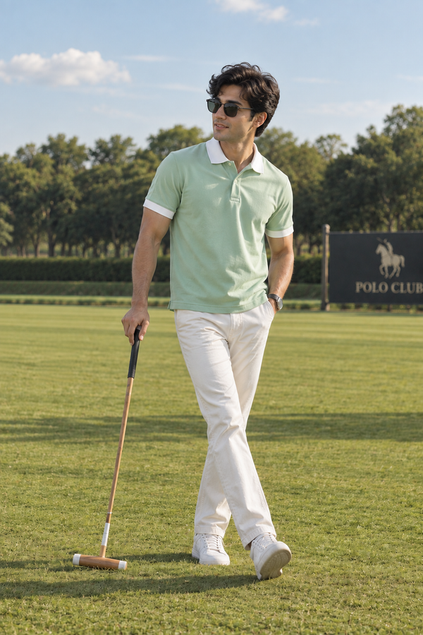 Men’s Pista Green Polo T-Shirt with White Contrast Collar