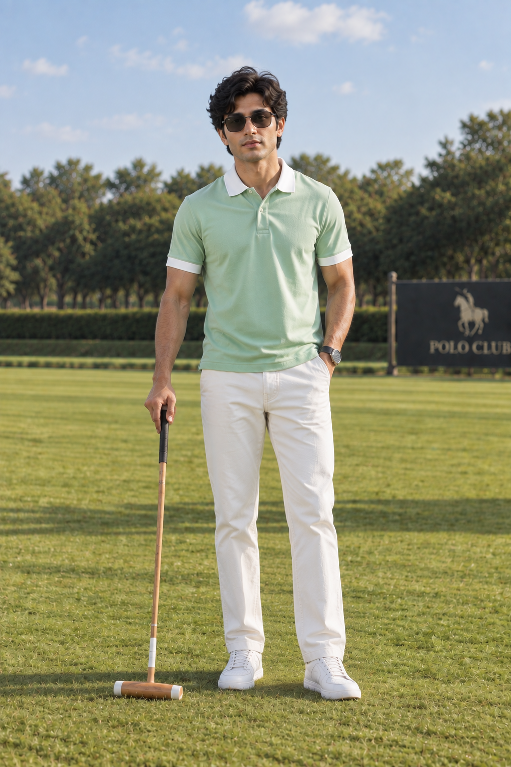 Men’s Pista Green Polo T-Shirt with White Contrast Collar