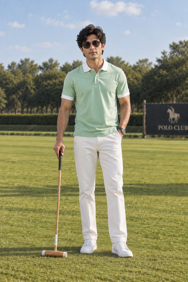 Men’s Pista Green Polo T-Shirt with White Contrast Collar