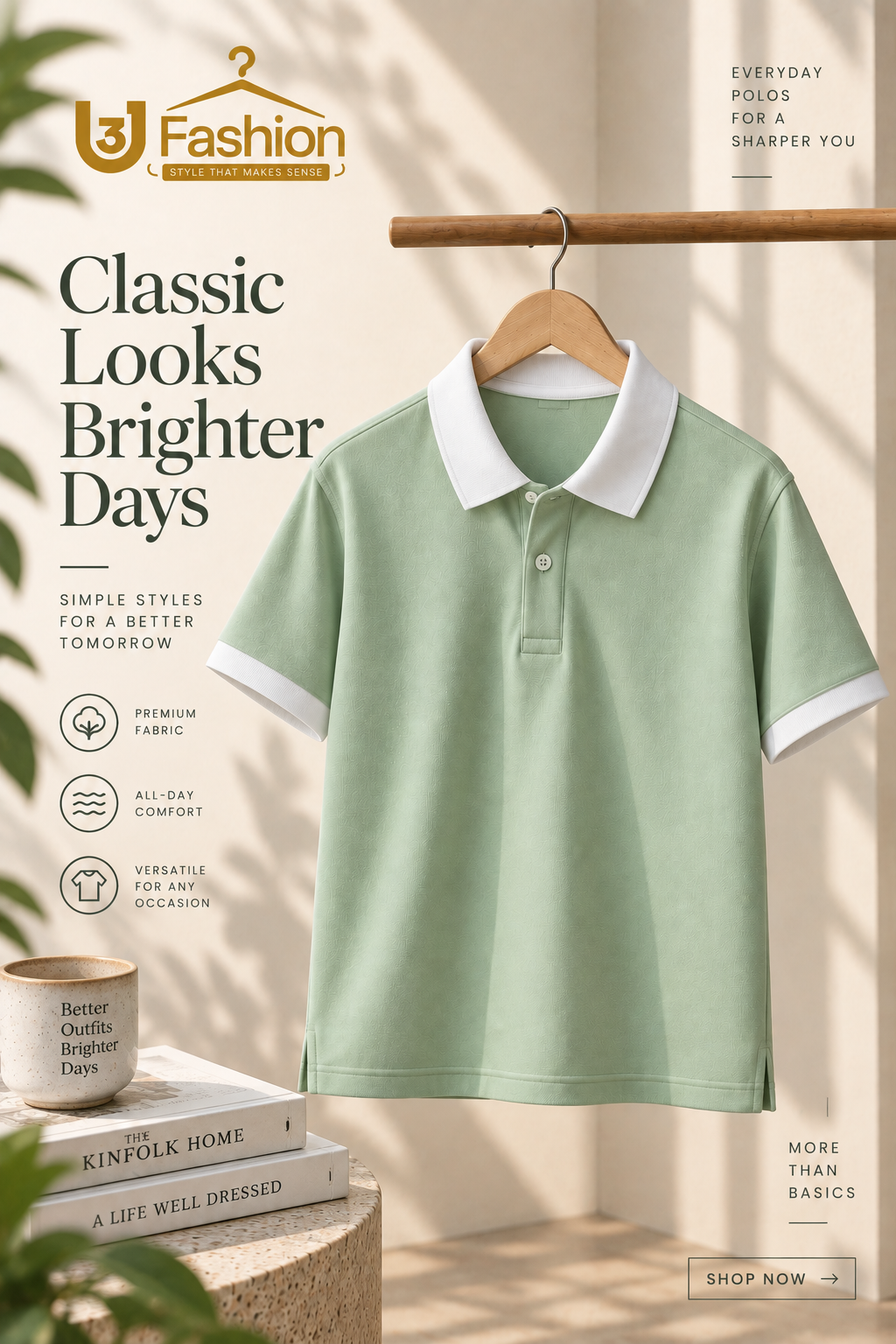 Men’s Pista Green Polo T-Shirt with White Contrast Collar