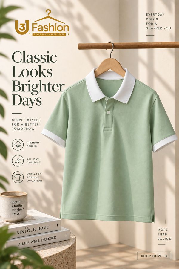 Men’s Pista Green Polo T-Shirt with White Contrast Collar