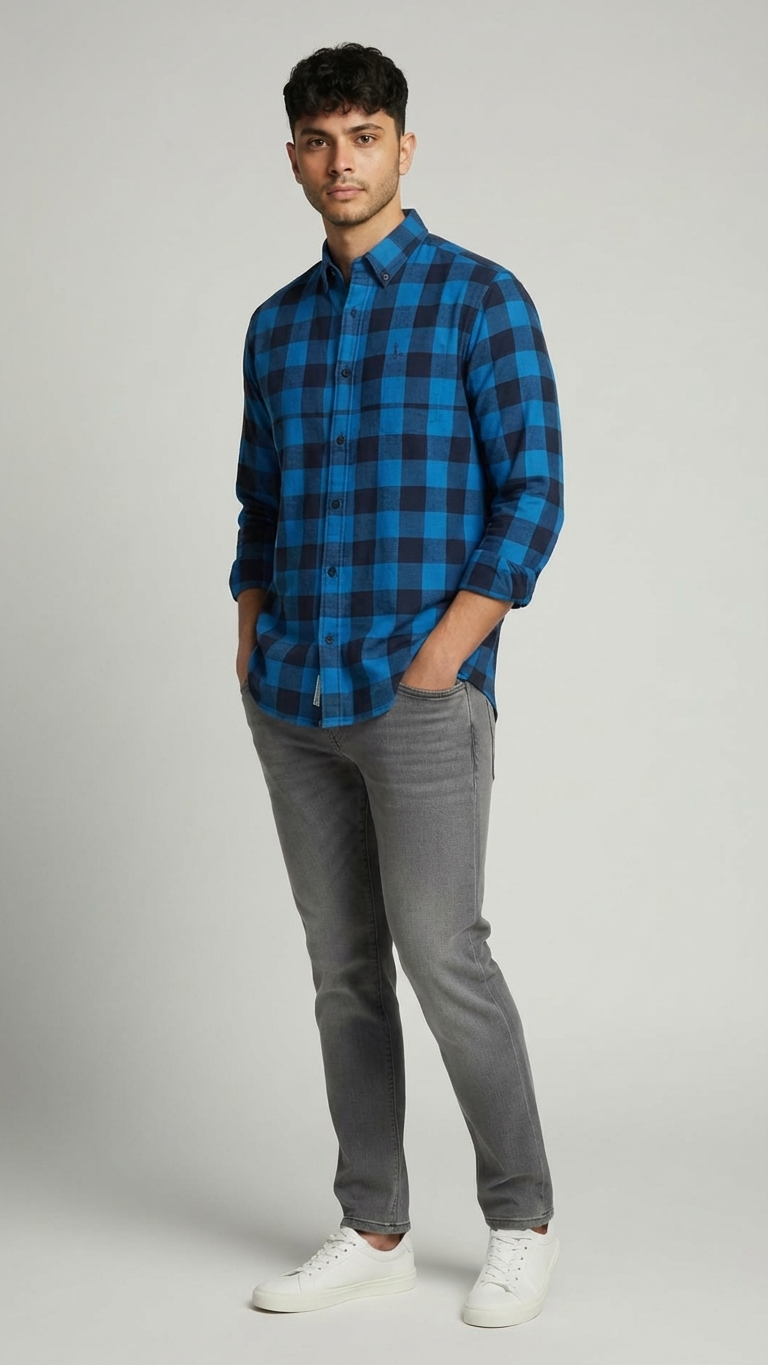 Men’s Blue & Black Check Shirt – Smart Fit Casual Wear