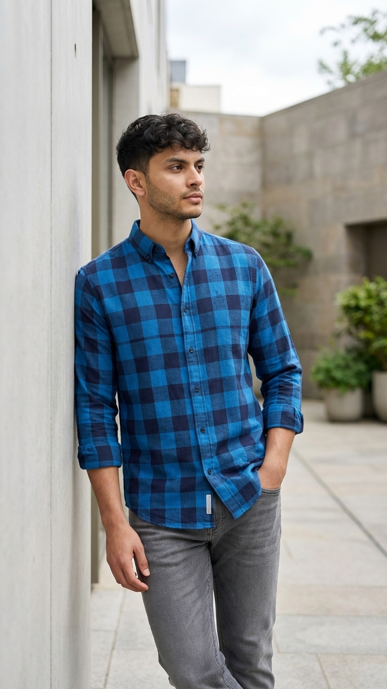 Men’s Blue & Black Check Shirt – Smart Fit Casual Wear