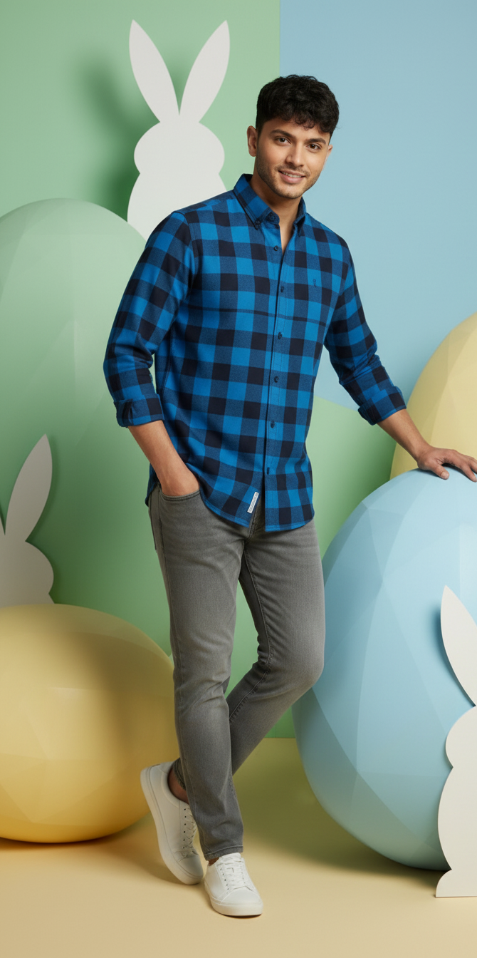 Men’s Blue & Black Check Shirt – Smart Fit Casual Wear
