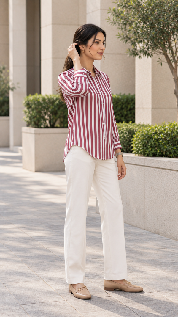 Women’s Maroon & White Striped Rayon Shirt | Relaxed Fit