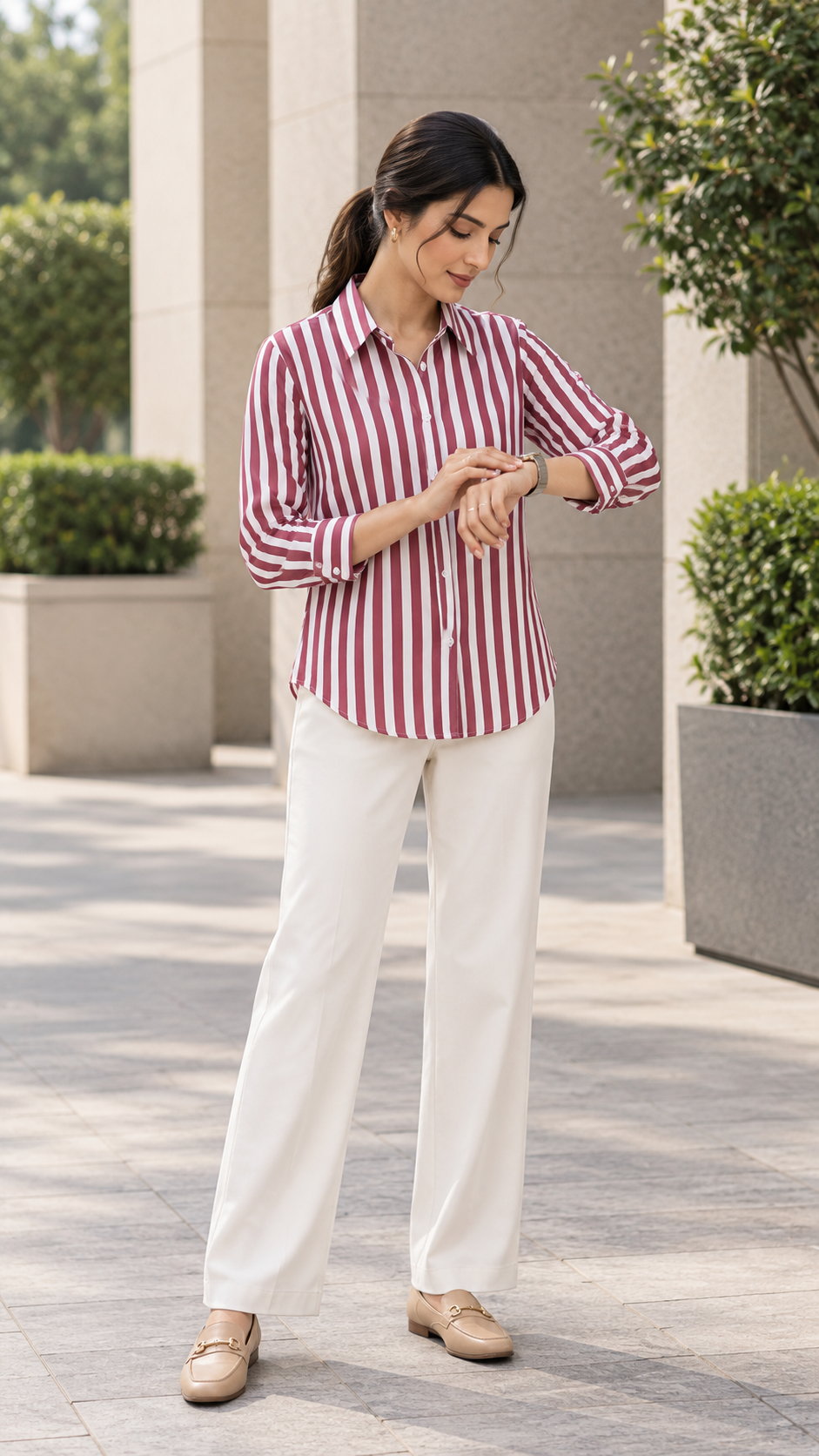 Women’s Maroon & White Striped Rayon Shirt | Relaxed Fit