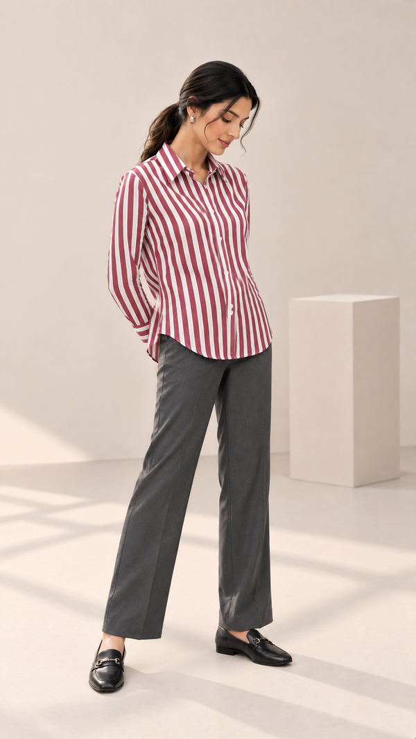 Women’s Maroon & White Striped Rayon Shirt | Relaxed Fit