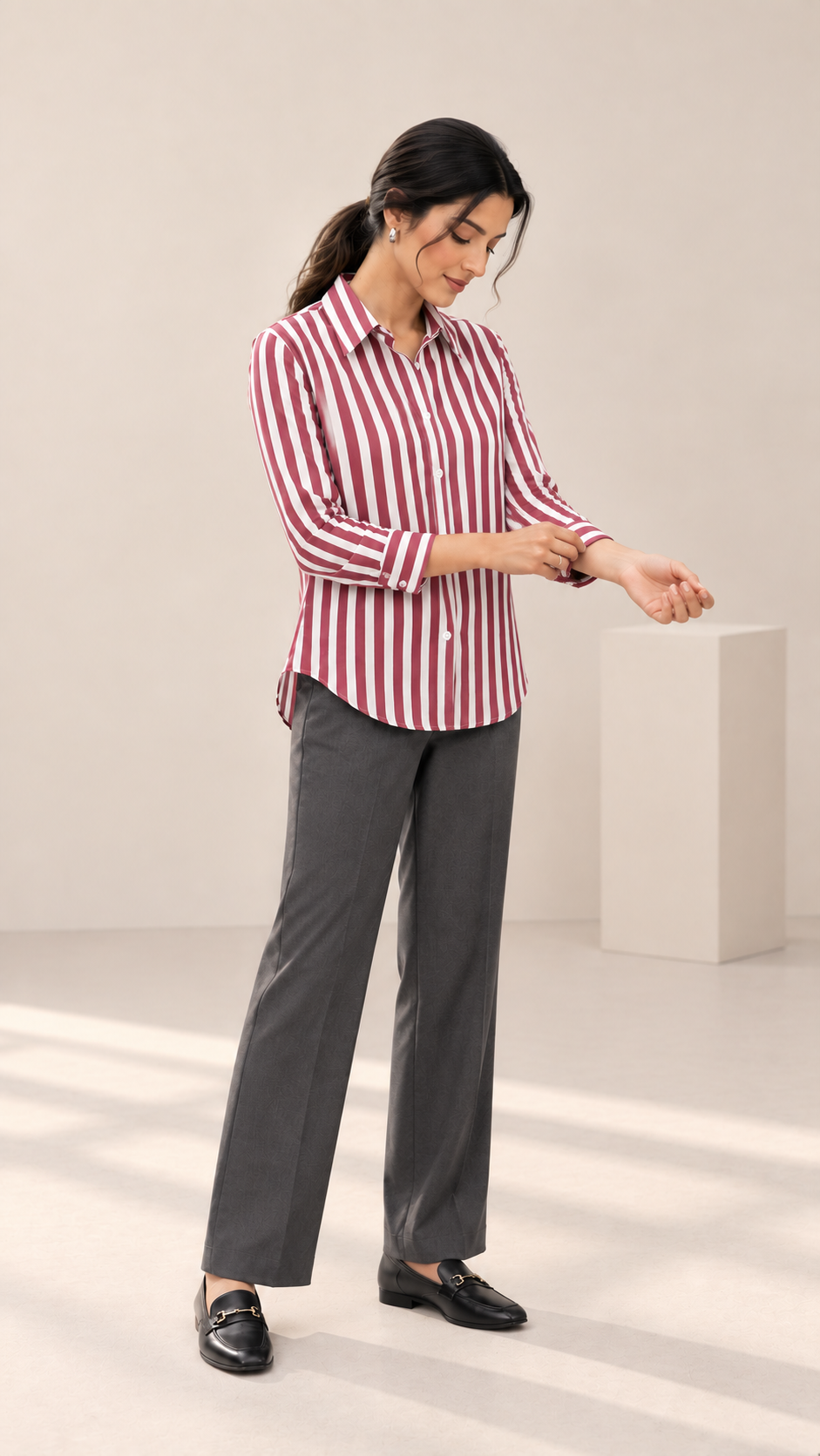 Women’s Maroon & White Striped Rayon Shirt | Relaxed Fit