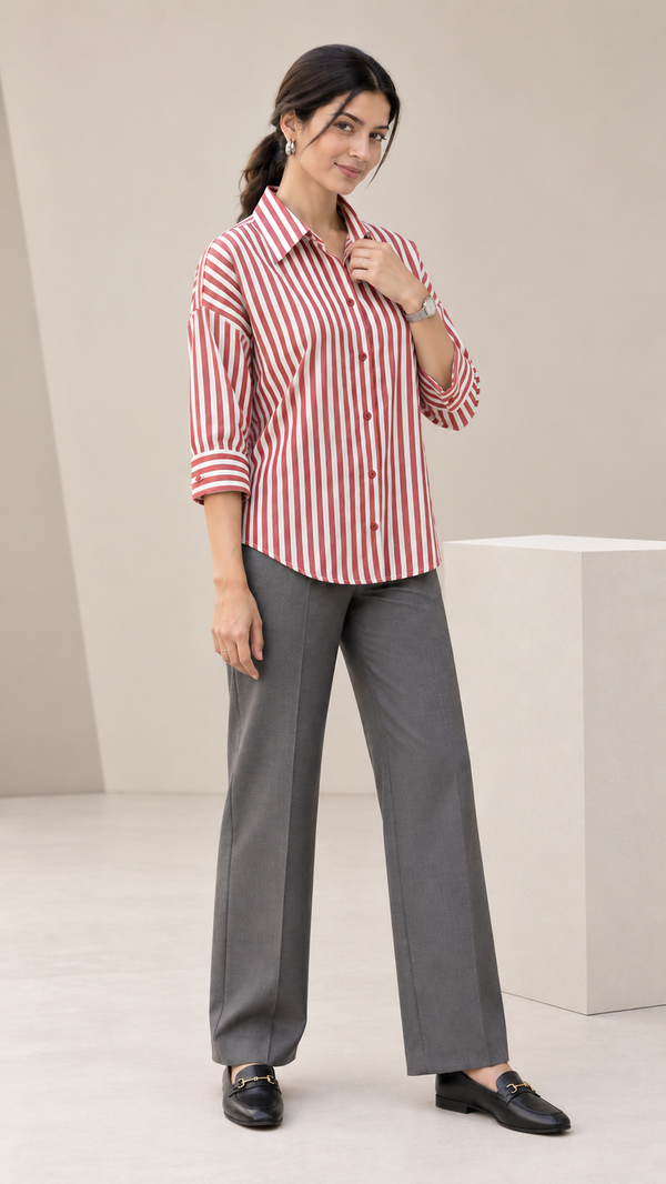 Women’s Ruby Red Striped Cotton Shirt | Drop Shoulder