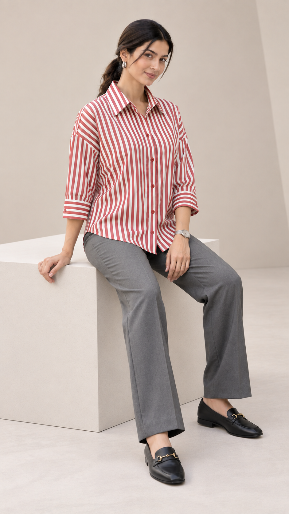 Women’s Ruby Red Striped Cotton Shirt | Drop Shoulder