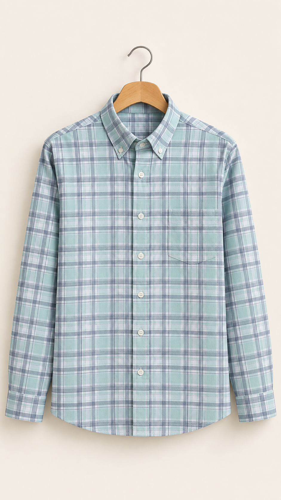 Men’s Light Sage Green Checked 100% Cotton Shirt | Regular Fit