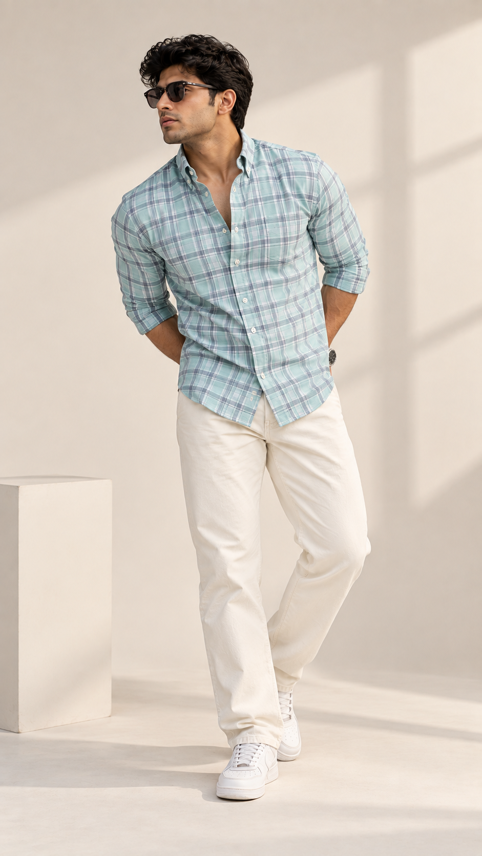 Men’s Light Sage Green Checked 100% Cotton Shirt | Regular Fit