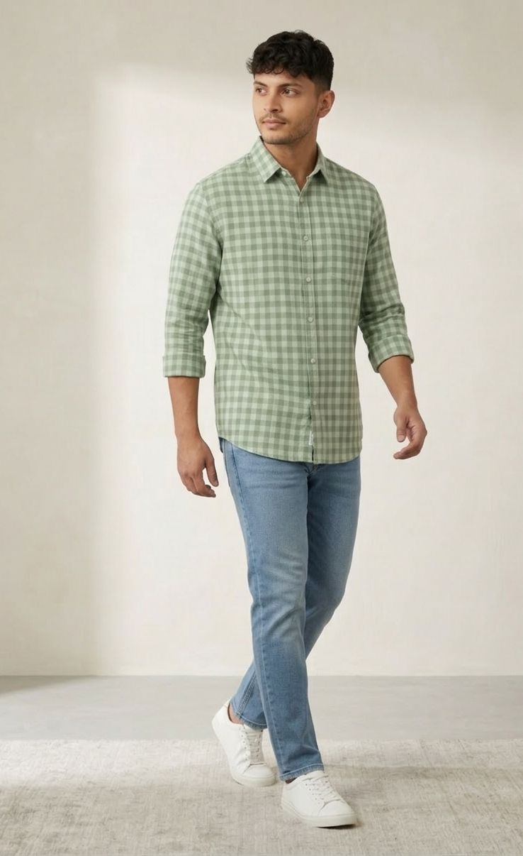 Sage Green Check Shirt For Men