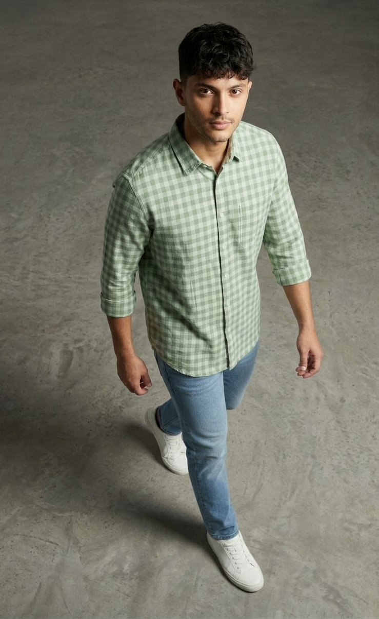 Sage Green Check Shirt For Men