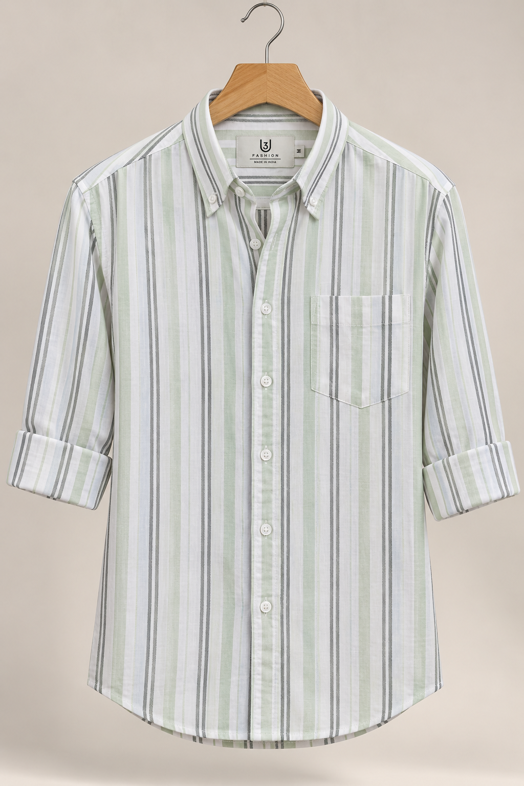 Men’s Off-White & Sage Green Striped Shirt | Regular Fit