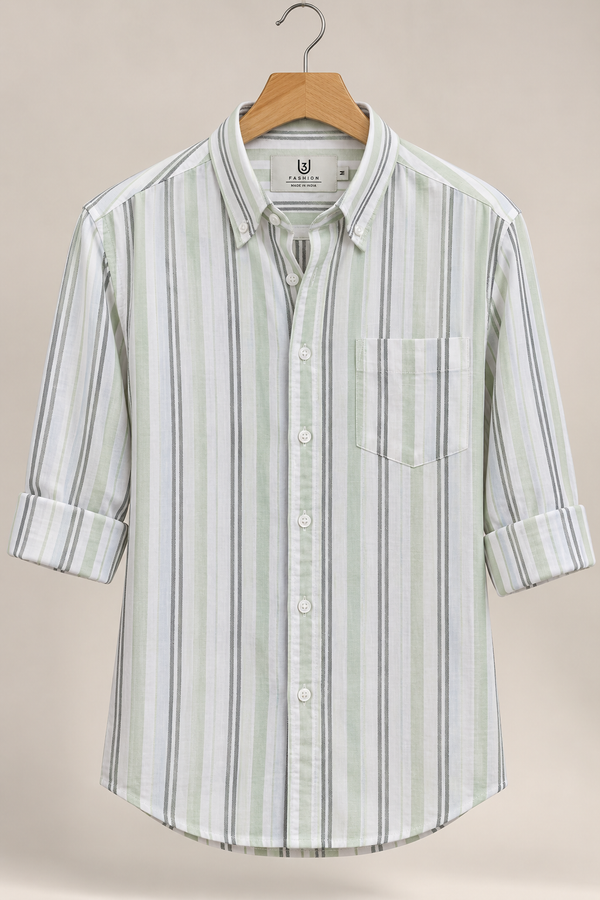 Men’s Off-White & Sage Green Striped Shirt | Regular Fit