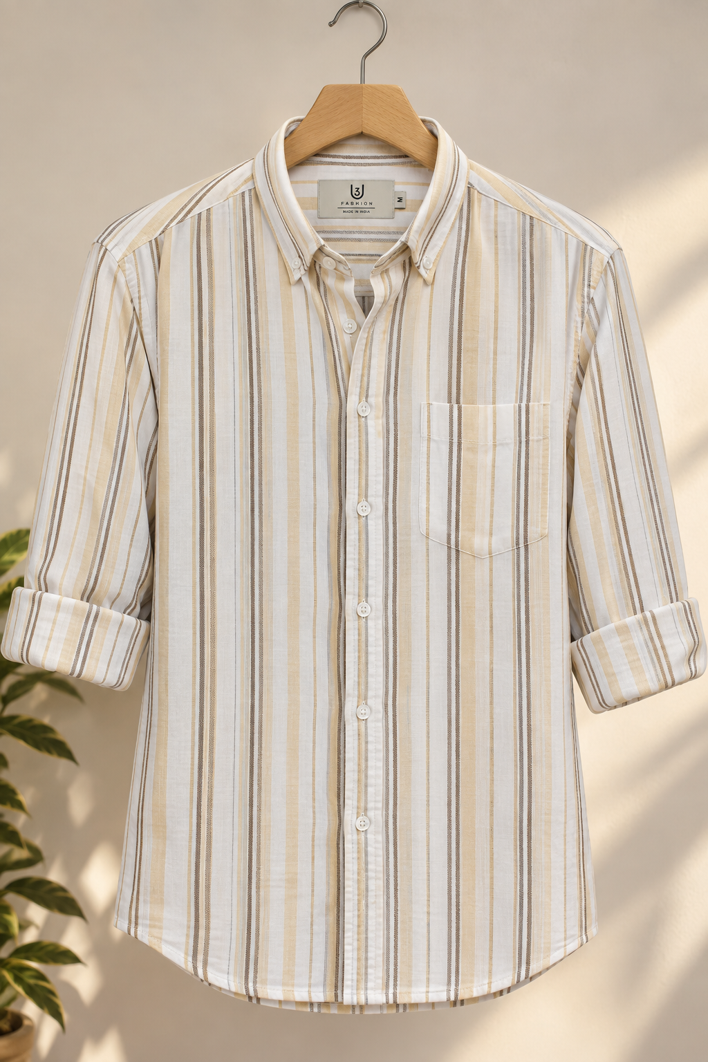 Men’s Cream & Beige Striped 100% Cotton Shirt | Regular Fit