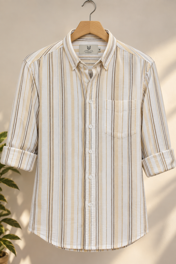 Men’s Cream & Beige Striped 100% Cotton Shirt | Regular Fit