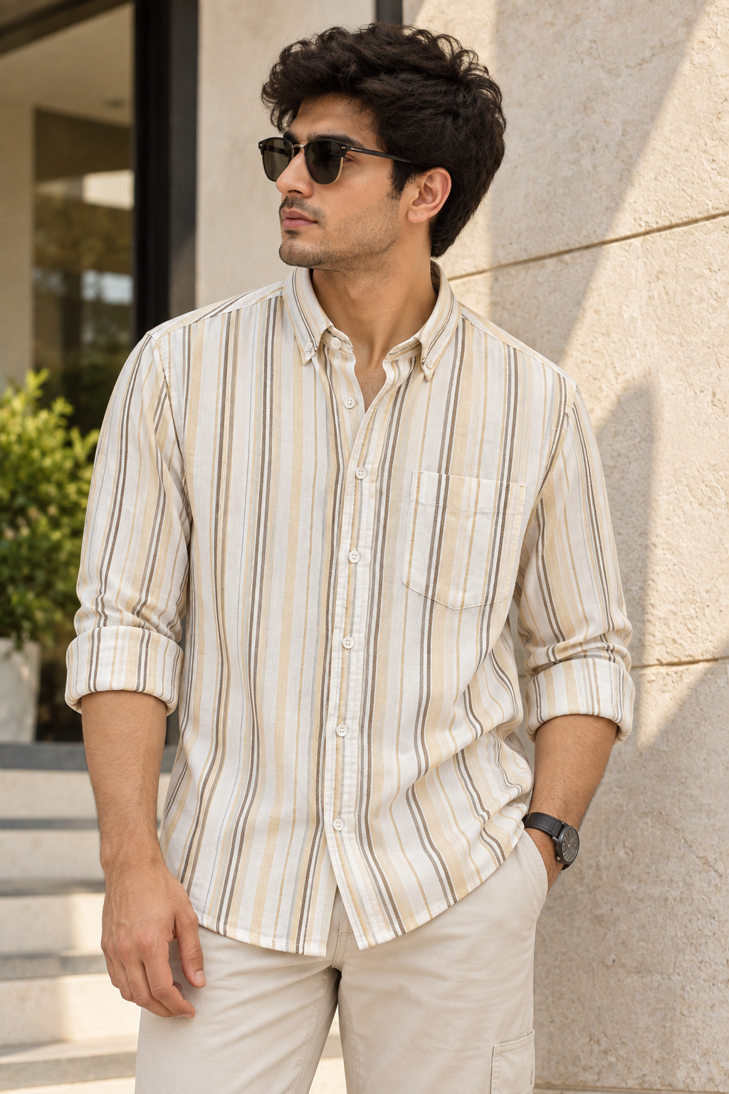 Men’s Cream & Beige Striped 100% Cotton Shirt | Regular Fit