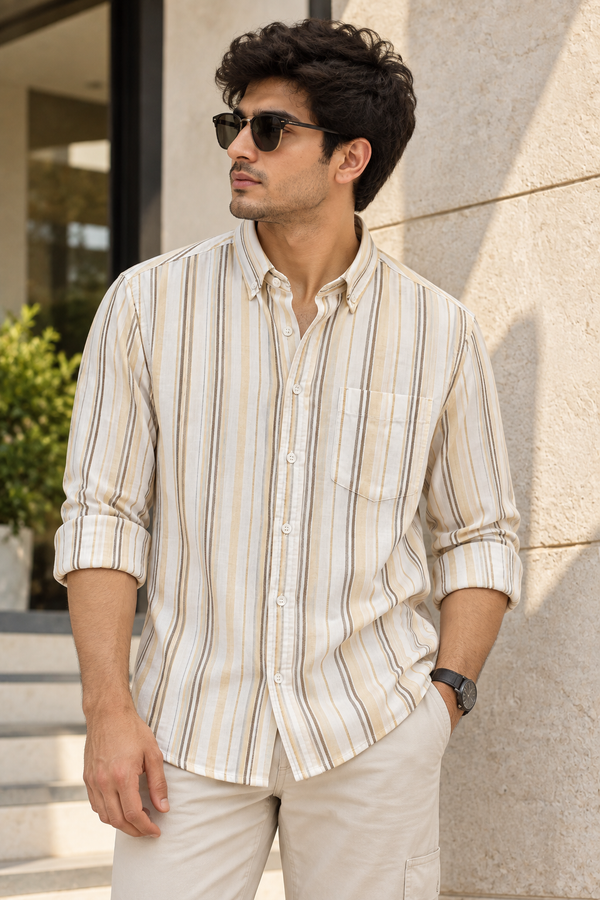 Men’s Cream & Beige Striped 100% Cotton Shirt | Regular Fit