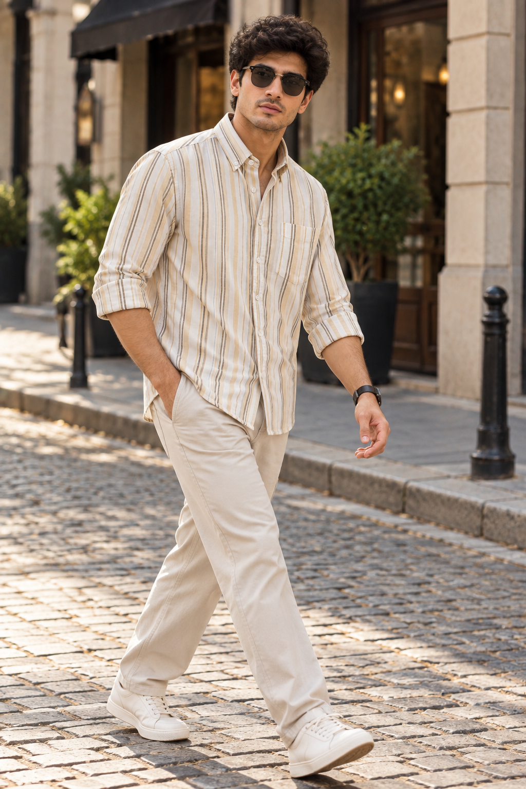 Men’s Cream & Beige Striped 100% Cotton Shirt | Regular Fit