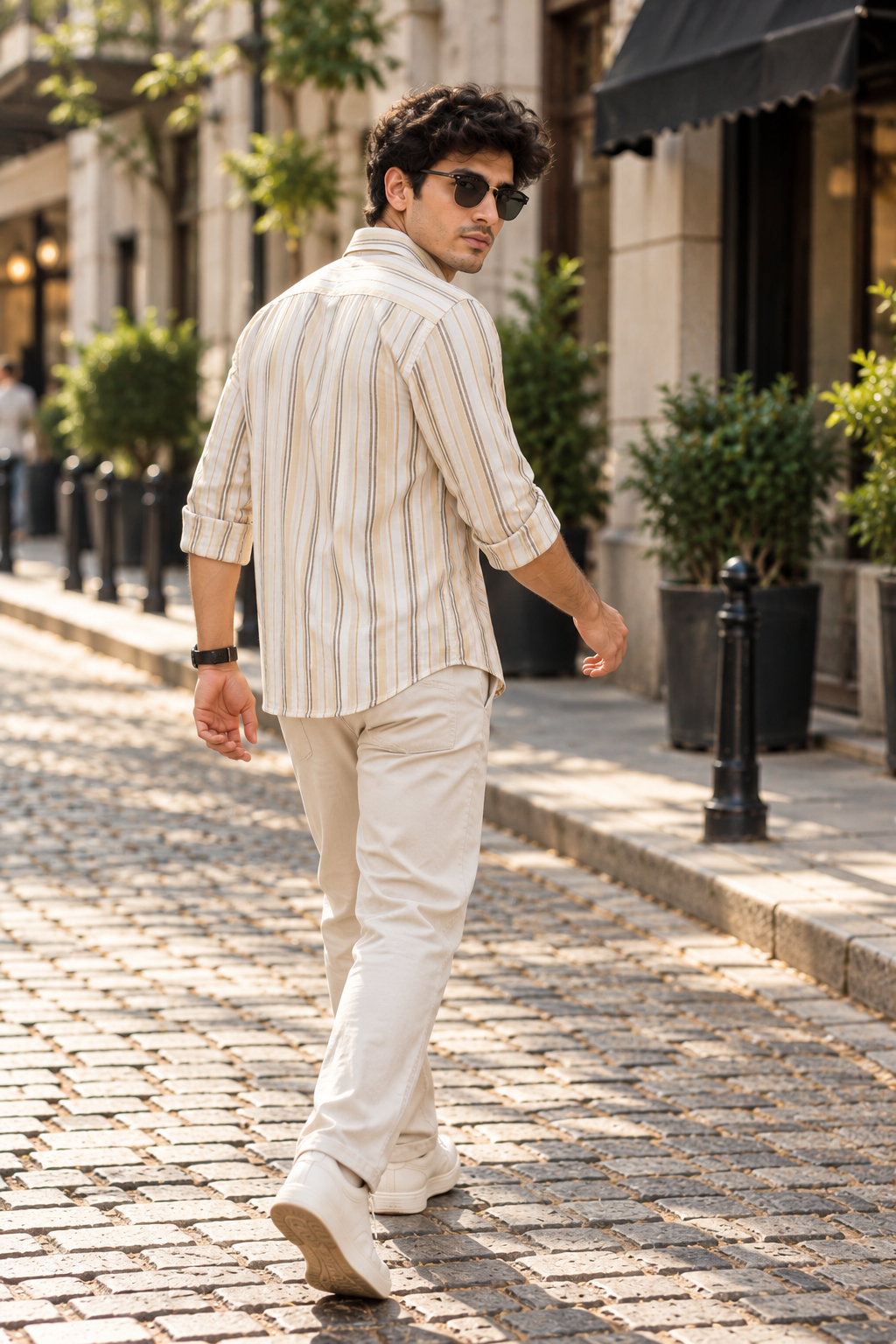 Men’s Cream & Beige Striped 100% Cotton Shirt | Regular Fit
