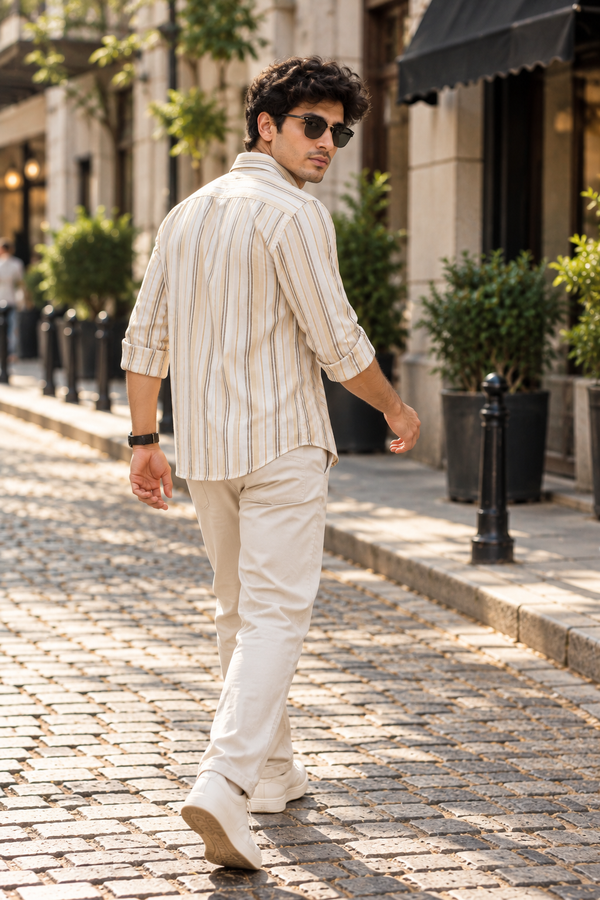 Men’s Cream & Beige Striped 100% Cotton Shirt | Regular Fit