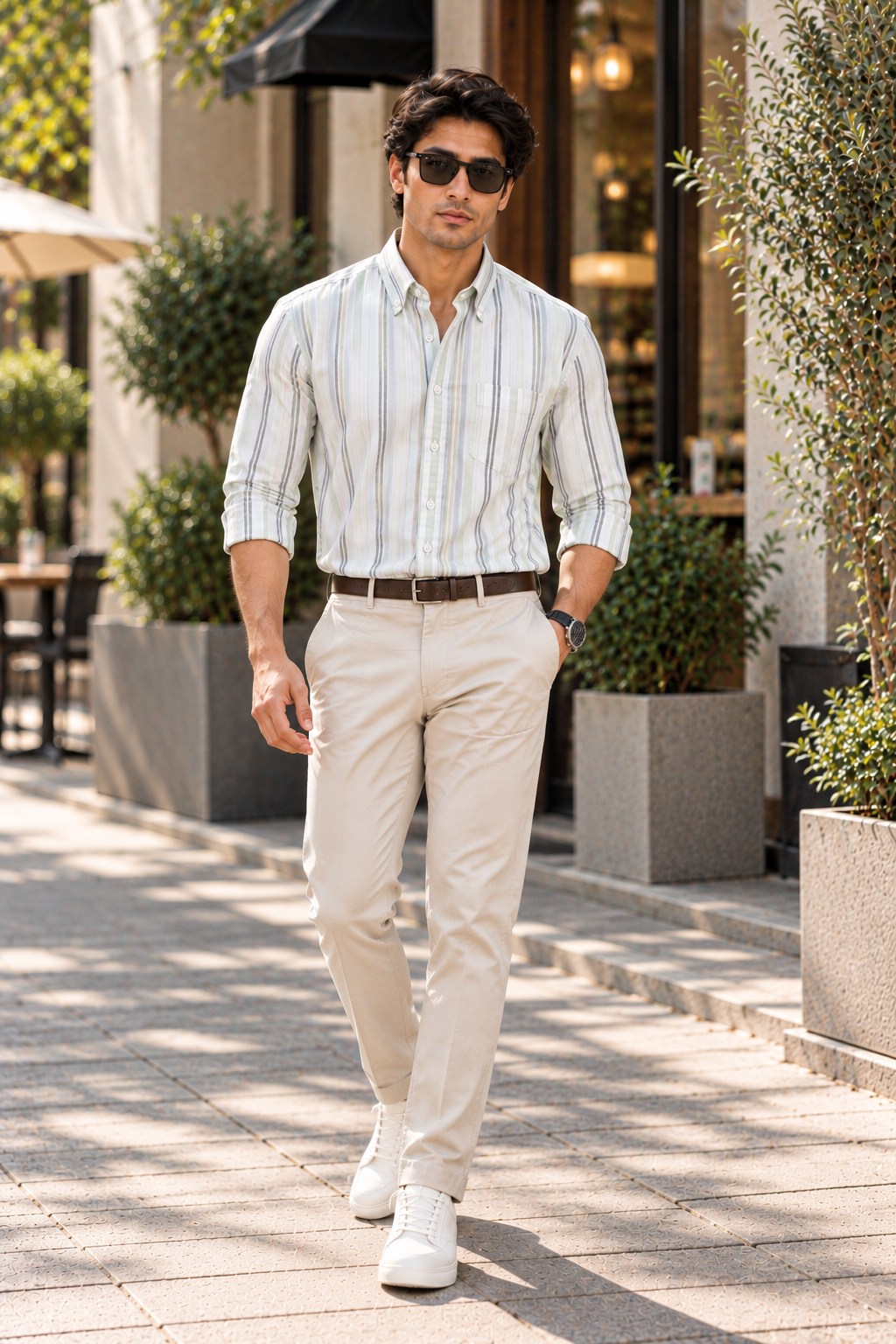 Men’s Off-White & Sage Green Striped Shirt | Regular Fit