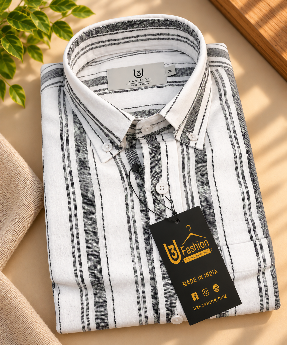Men’s Grey & White Striped 100% Pure Cotton Casual Shirt