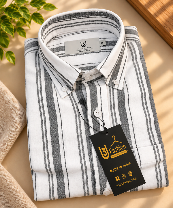 Men’s Grey & White Striped 100% Pure Cotton Casual Shirt