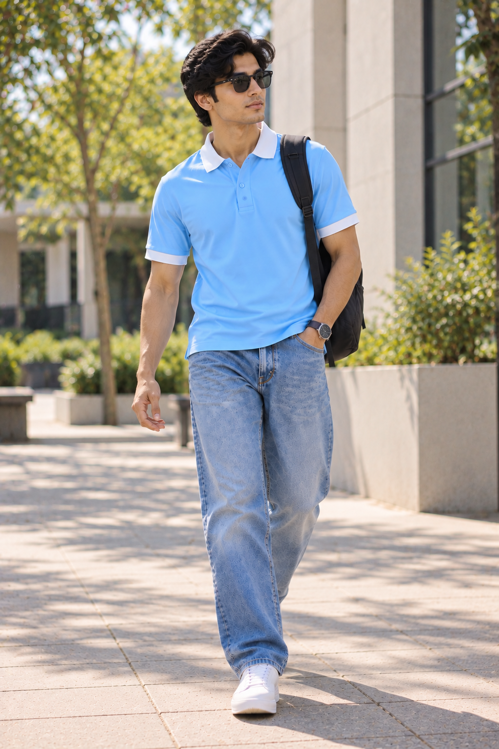 Men’s Sky Blue Cotton Matty Lycra Polo T-Shirt with Off White Collar