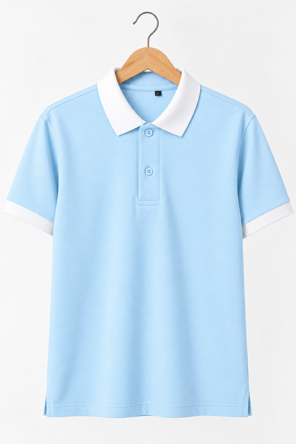 Men’s Sky Blue Cotton Matty Lycra Polo T-Shirt with Off White Collar