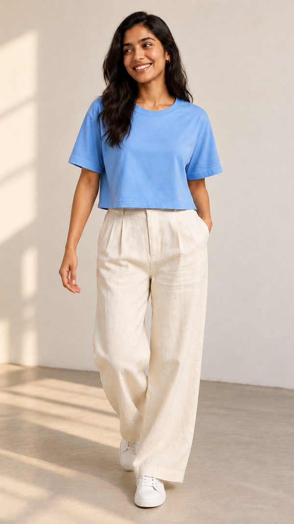 Women’s Sky Blue Boxy Fit Crew Neck Crop Top
