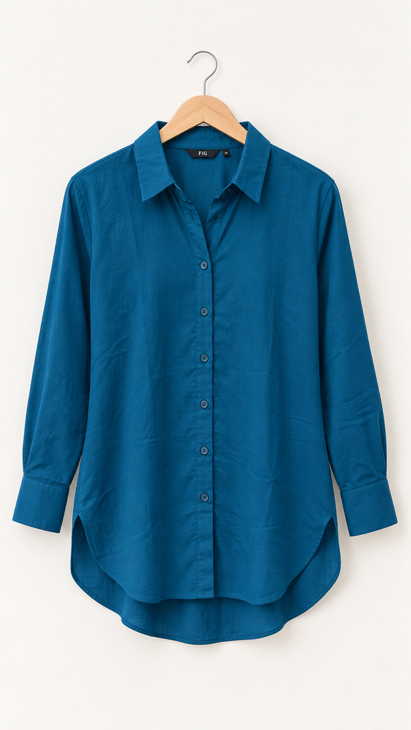 Women’s Teal Blue Cotton-Viscose Kurti Style Shirt | Relaxed Fit
