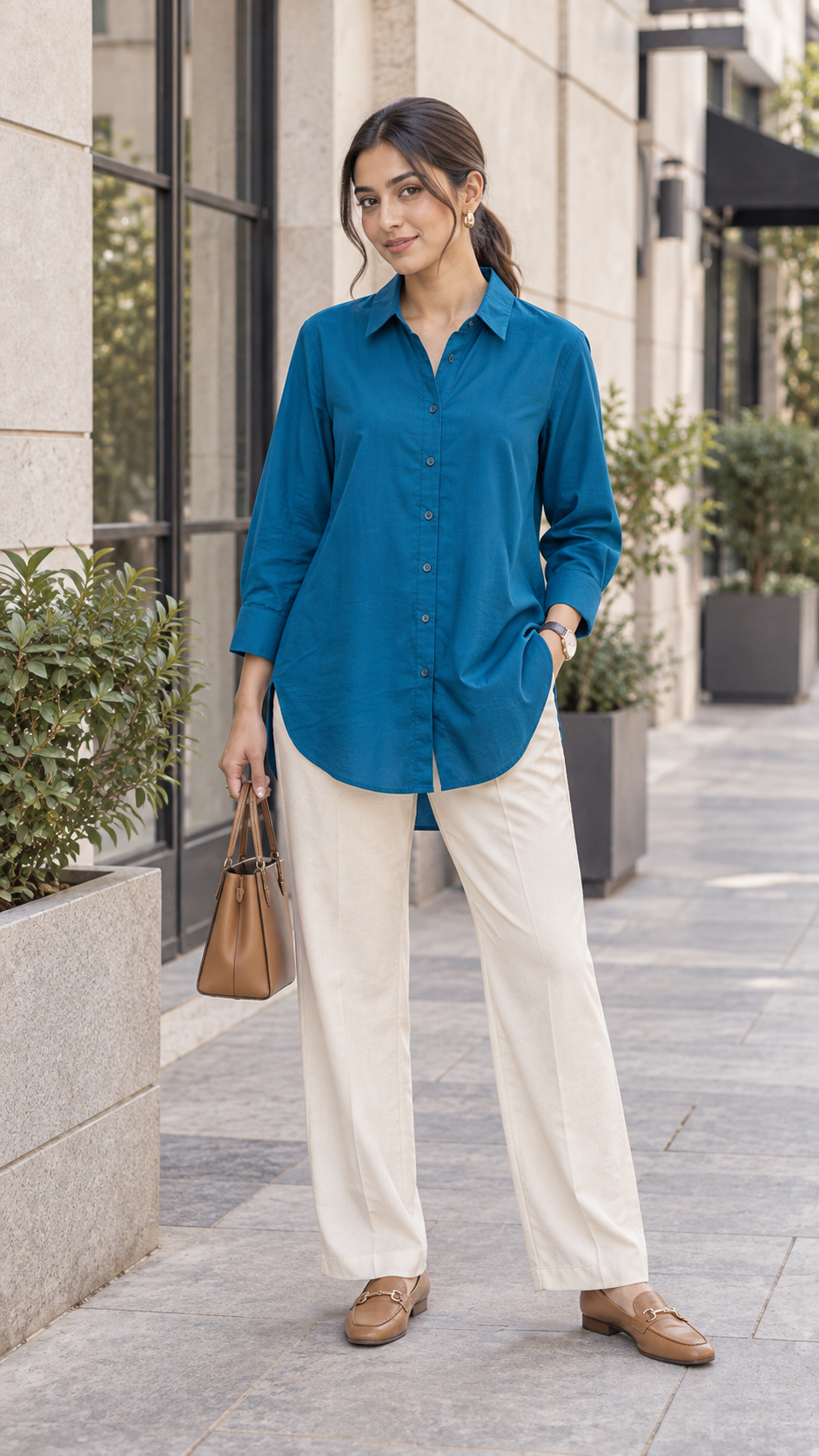 Women’s Teal Blue Cotton-Viscose Kurti Style Shirt | Relaxed Fit