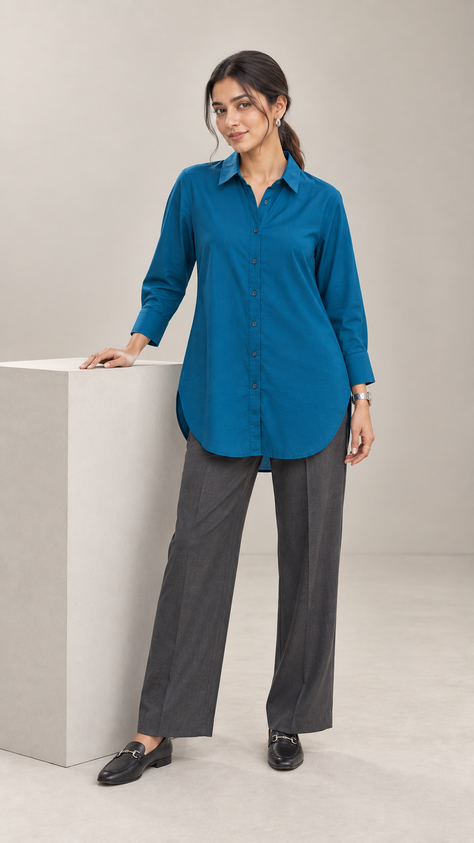 Women’s Teal Blue Cotton-Viscose Kurti Style Shirt | Relaxed Fit