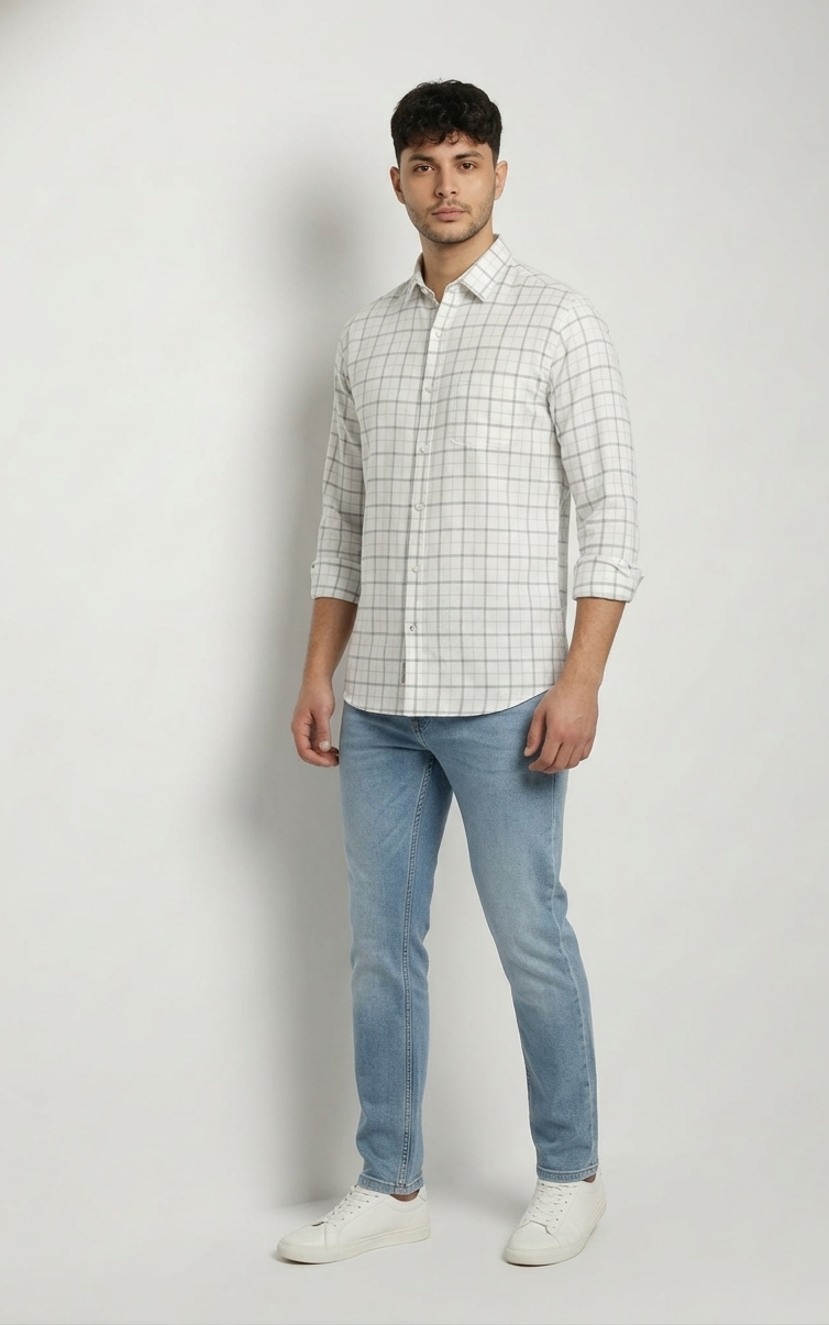 Men’s Off White & Grey Check Shirt – Classic Casual Wear