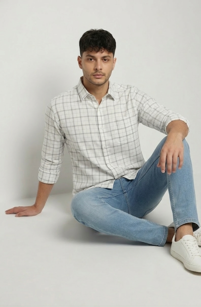 Men’s Off White & Grey Check Shirt – Classic Casual Wear