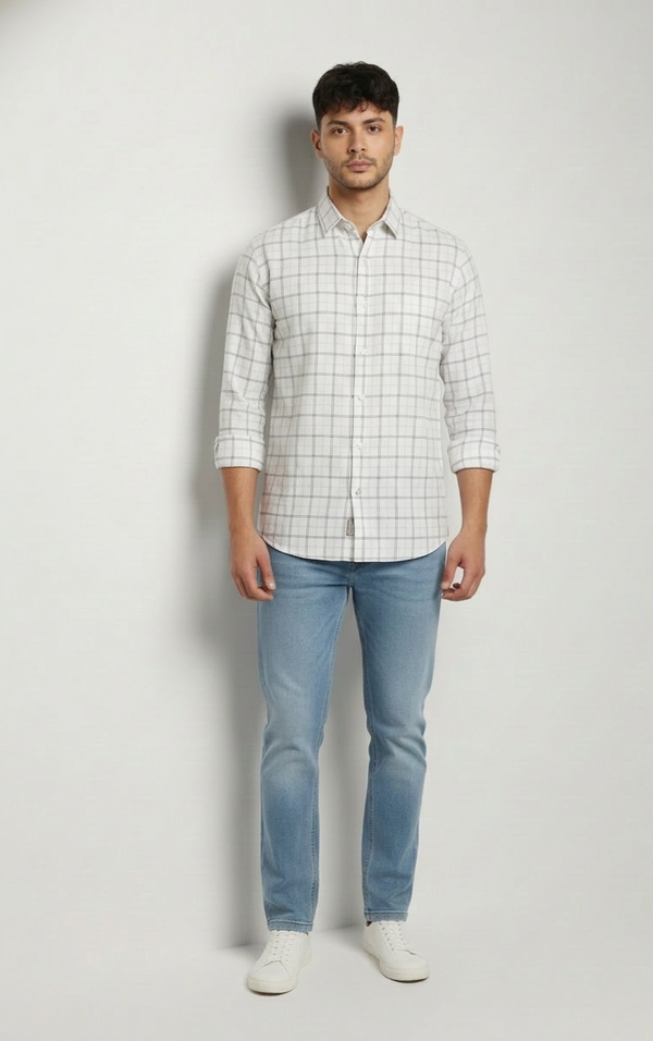 Classic Ivory & Grey Checked Smart Casual Shirt