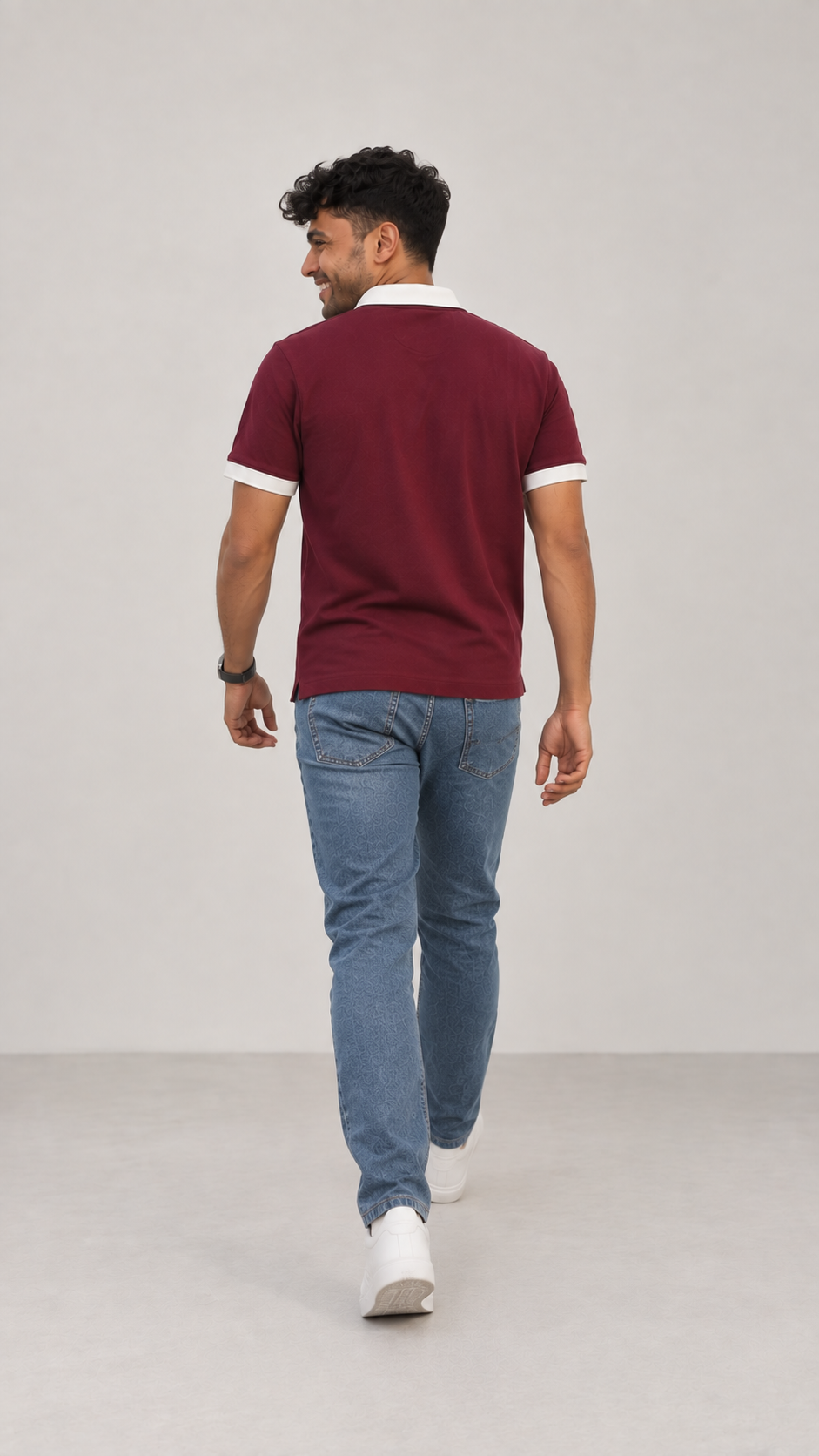Men’s Wine Cotton Matty Lycra Polo T-Shirt with Off White Collar