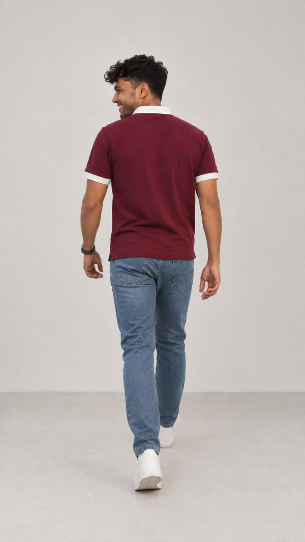 Men’s Wine Cotton Matty Lycra Polo T-Shirt with Off White Collar