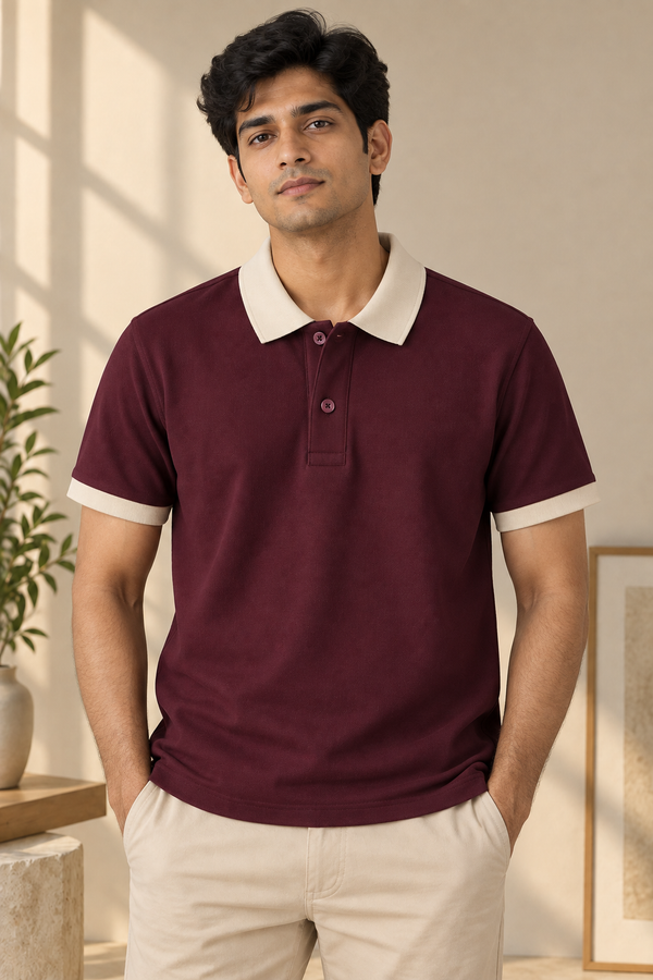 Men’s Wine Cotton Matty Lycra Polo T-Shirt with Beige Collar