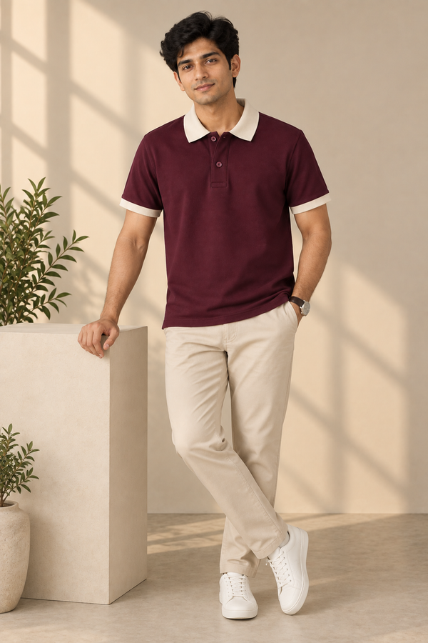 Men’s Wine Cotton Matty Lycra Polo T-Shirt with Beige Collar