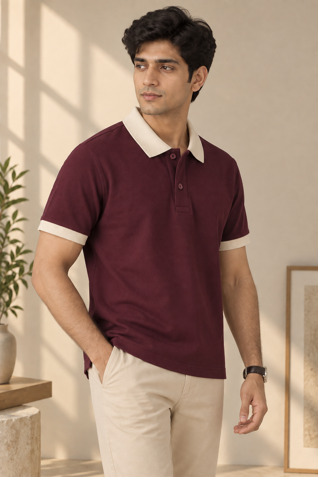 Men’s Wine Cotton Matty Lycra Polo T-Shirt with Beige Collar