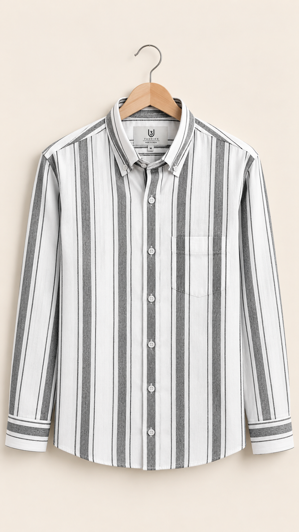 Men’s White & Grey Striped 100% Cotton Shirt | Regular Fit