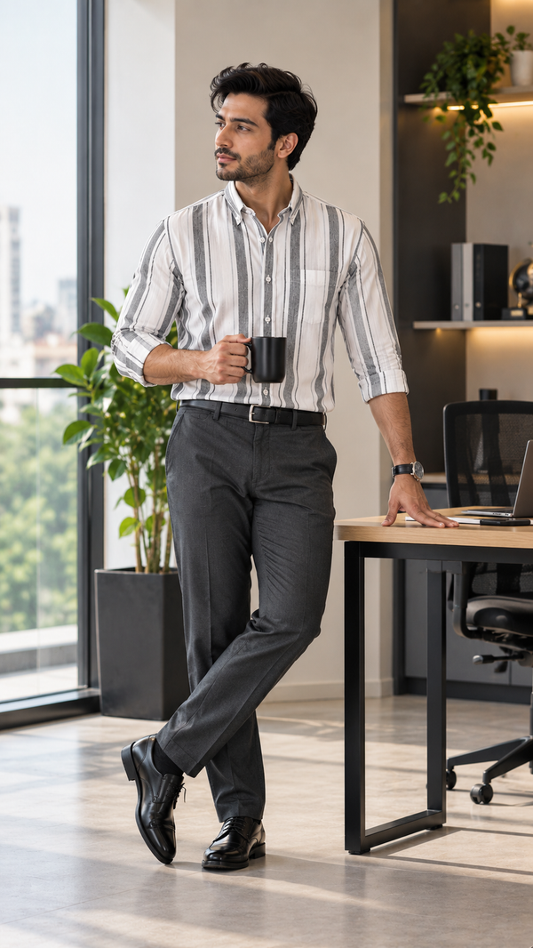 Men’s White & Grey Striped 100% Cotton Shirt | Regular Fit